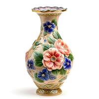 ai generiert dekorativ Vase mit Blumen isoliert auf Weiß Hintergrund zum elegant Dekor Ideen, ai generiert. foto
