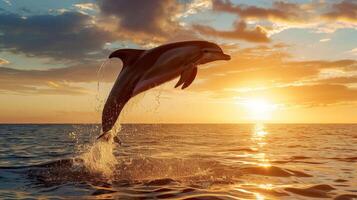 ai generiert majestätisch Delfin Sprünge aus von das Wasser gegen das Hintergrund von ein atemberaubend Sonnenuntergang, ai generiert. foto