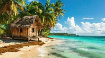 ai generiert ein schön hölzern Hütte auf ein Karibik Strand mit Türkis Wasser und Palme Bäume, ai generiert. foto