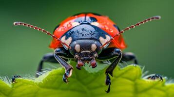 ai generiert auffällig rot und schwarz Marienkäfer Eigenschaften groß Antennen auf es ist Kopf, ein einzigartig Insekt, ai generiert. foto