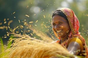 ai generiert indisch weiblich Farmer Arbeiten im ihr Feld Bokeh Stil Hintergrund mit generativ ai foto