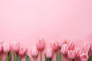 ai generiert Rosa Tulpe Blumen auf ein Pastell- Rosa Hintergrund ai generiert foto