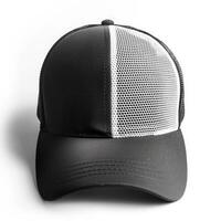 ai generiert modisch schwarz und Weiß Gittergewebe Trucker Hut isoliert auf Weiß Hintergrund, ai generiert. foto