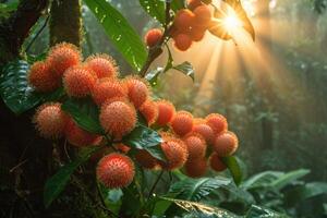 ai generiert exotisch Rambutan Baum geschmückt mit beschwingt Cluster, ein tropisch Schauspiel entfaltet sich, ai generiert. foto