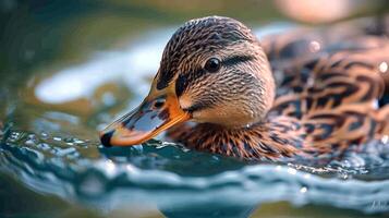 ai generiert heiter Ente gleitet anmutig über das still Teich, beim einer mit Natur, ai generiert. foto