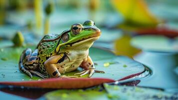 ai generiert friedlich Frosch Sitzstangen auf ein Lilie Pad, aalen im das Ruhe von es ist Teich, ai generiert. foto