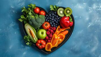 ai generiert herzförmig Teller geschmückt mit Früchte und Gemüse auf ein Blau Hintergrund, ai generiert. foto