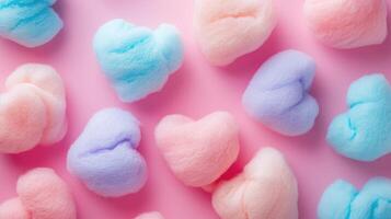 ai generiert bunt herzförmig Baumwolle Süßigkeiten auf ein Pastell- Hintergrund, rein Süßwaren Freude, ai generiert. foto