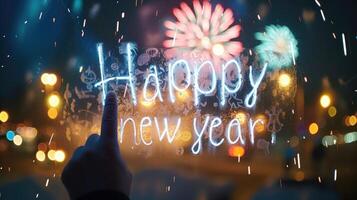 ai generiert glücklich Neu Jahr geschrieben auf ein beschlagen Fenster Feld mit ein Finger, ai generiert. foto