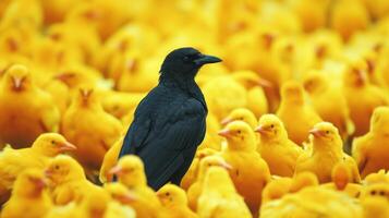 ai generiert schwarz Vogel steht im Vorderseite von ein groß Gruppe von Gelb Vögel, ein auffällig Kontrast, ai generiert. foto