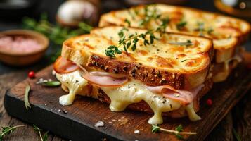 ai generiert ein heiß Sandwich mit klebrig geschmolzen Käse und Bohnenkraut Schinken, ai generiert. foto