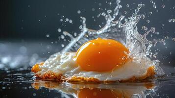 ai generiert brutzelnd gebraten Ei Sein bespritzt mit Wasser und erfrischend Orange Saft, ai generiert foto