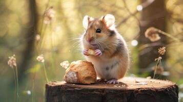 ai generiert Hamster steht auf ein Stumpf, Brot nahe, neugierig Augen Vermessung es ist Umfeld, ai generiert. foto