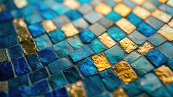 ai generiert Nahansicht Aussicht von Mosaik Fliese mit Reich Gold und Blau Farbtöne, ai generiert. foto