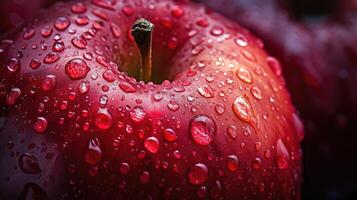 ai generiert Nahansicht von ein rot Apfel bedeckt im glitzernd Wasser Tröpfchen, ein frisch und appetitlich Sicht, ai generiert. foto