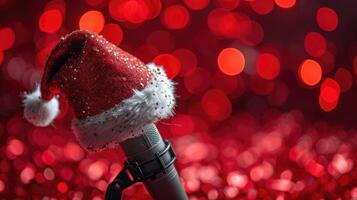 ai generiert Santa claus Hut auf ein Mikrofon, einstellen gegen ein glänzend rot Feier Hintergrund, ai generiert. foto