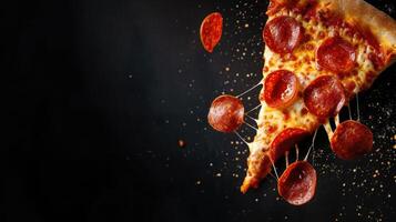 ai generiert köstlich Scheibe von Peperoni Pizza hochfliegend auf ein schwarz Hintergrund, ein verlockend Design, ai generiert. foto