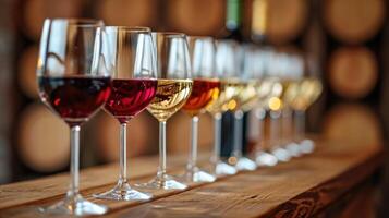 ai generiert ein Reihe von Wein Brille gefüllt mit anders Typen von Wein auf ein hölzern Tabelle im ein Restaurant, ai generiert foto
