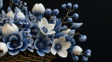 ai generiert entdecken ein charmant Anordnung von Blau und Weiß Keramik Blumen elegant eingebettet im ein Korb. ai generiert. foto