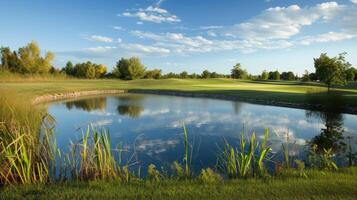 ai generiert genießen das Gelassenheit von ein Teich mit ein szenisch Golf Kurs Hintergrund, ein harmonisch Mischung von Erholung und Natur. ai generiert. foto