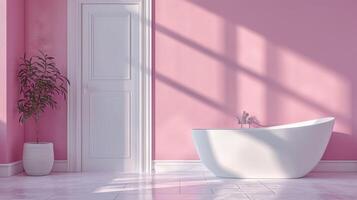 ai generiert Schritt in ein schick und minimalistisch Badezimmer mit Weiß und Rosa Töne, ein Tür, und Nein Badewanne, perfekt zum modern Ästhetik. ai generiert foto