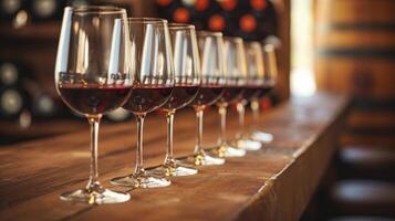 ai generiert ein Reihe von Wein Brille gefüllt mit anders Typen von Wein auf ein hölzern Tabelle im ein Restaurant, ai generiert foto