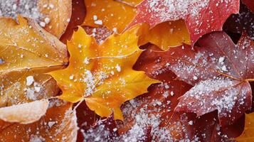 ai generiert entdecken das Schönheit von ein saisonal Motiv mit beide Schneeflocken und Herbst Blätter, ein einzigartig Verschmelzung von zwei Jahreszeiten. ai generiert. foto