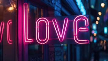 ai generiert schließen oben von ein Neon- Zeichen Anzeigen das Wort Liebe im hell Beleuchtung, ai generiert foto