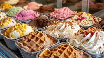 ai generiert Schritt in das Welt von Süss Genuss beim das Eis Geschäft, wo Waffel Zapfen erwarten zu Sein gefüllt mit herrlich Aromen, ai generiert foto