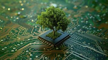 ai generiert Grün Computing abgebildet wie ein Baum sprießen beim das Konvergenz von ein Computer Schaltkreis Planke, ai generiert foto