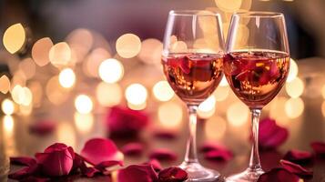 ai generiert romantisch Abend einstellen mit Wein Brille und Rose Blütenblätter, Bokeh leuchten das Szene, ai generiert. foto