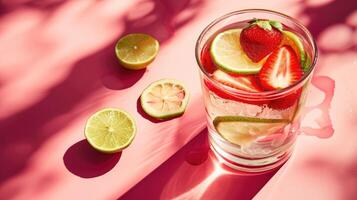 ai generiert ein Glas von Wasser mit Erdbeeren und Eis Würfel auf ein Tisch, ai generiert foto