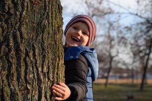 wenig Junge ist versteckt hinter ein groß Baum. ein Kind späht aus von hinter ein Baum Stamm. foto