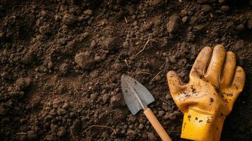 ai generiert ein Paar von Garten Handschuhe und ein Kelle gelegt auf frisch gedreht Boden foto