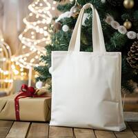 ai generiert festlich Tasche Tasche Attrappe, Lehrmodell, Simulation, Weihnachten Baum Hintergrund zum Urlaub Einkaufen foto