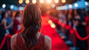 ai generiert glamourös Teilnehmer Pose zum Fotos, gekleidet zu beeindrucken beim exklusiv Premieren foto