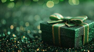 ai generiert Grün Luxus Geschenk Box mit ein glänzend Bogen auf ein Kleeblatt Hintergrund foto