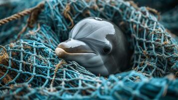 ai generiert ein Delfin gefangen im ein Angeln Netz groß Copyspace Bereich, nicht zentriert Komposition foto