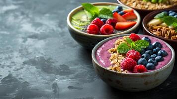 ai generiert acai Schalen, Chia Samen Pudding, und Grün Smoothies sind elegant vereinbart worden auf Marmor Oberflächen foto