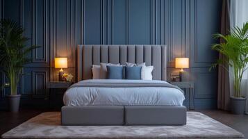 ai generiert Samt Betten mit sauber Linien und rationalisiert Silhouetten verströmen untertrieben Eleganz im zeitgenössisch Innenräume foto