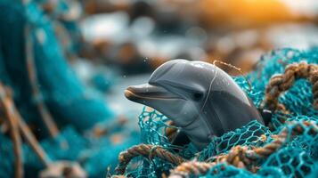 ai generiert das kürzlich Vorfall von ein Delfin gefangen im ein Angeln Netz bringt foto