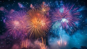 ai generiert atemberaubend Bilder von bunt Feuerwerk Beleuchtung oben das Himmel wie ein großartig Finale zu holi Feierlichkeiten foto