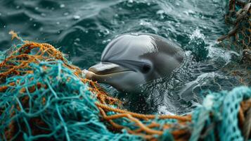 ai generiert das kürzlich Vorfall von ein Delfin gefangen im ein Angeln Netz bringt foto