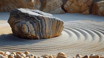 ai generiert spärlich Pinselstriche darstellen Felsen und Sand, hervorrufen das Ruhe von ein japanisch Garten foto