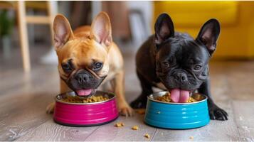 ai generiert zwei glücklich Hunde glücklich Essen ihr Essen von bunt Schalen foto