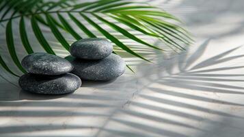 ai generiert entspannen mit Steine auf Weiß Hintergrund mit tropisch Blatt foto