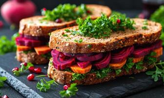 ai generiert Sandwich auf Toast mit Zuckerrüben Wurzel und Möhren foto