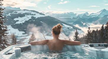 ai generiert weiblich im heiß Wanne mit Blick auf Berge und Schnee foto