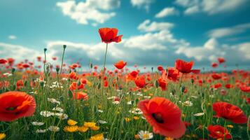 ai generiert schön natürlich Hintergrund mit Mohn Blume Feld und Blau Himmel groß Copyspace Bereich mit Kopieren Raum zum Text foto