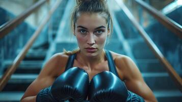 ai generiert ein konzentriert weiblich Boxer im sportlich tragen und Handschuhe Ausbildung auf Fitnessstudio Treppe foto